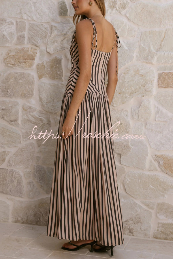 Striped Print Tie Backless Sleeveless V-Neck Elegant Maxi Dress