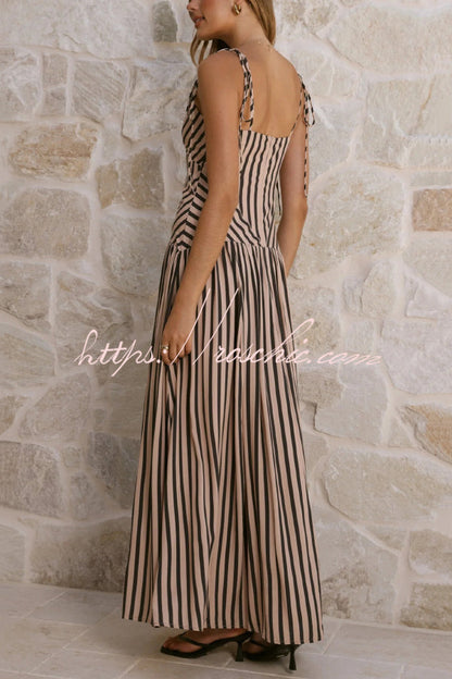 Striped Print Tie Backless Sleeveless V-Neck Elegant Maxi Dress