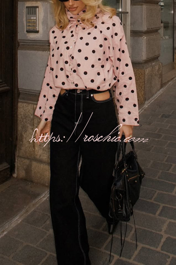 Polka Dot Print Loose Stand Collar Button Bow Tie Casual Long-sleeved Jacket