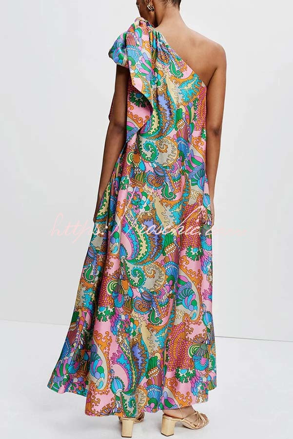 Rainbow Breeze Satin Unique Print Bow One Shoulder Loose Maxi Dress