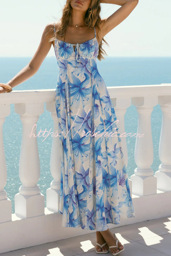 Floral Print Sleeveless Spaghetti Strap Pleated Back Vacation Maxi Dress