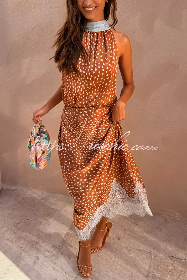 Stunning Fawn Print Contrast Color Satin Lace Trim Neck Strap Loose Tank