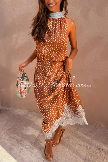 Stunning Fawn Print Contrast Color Satin Lace Trim Neck Strap Loose Tank