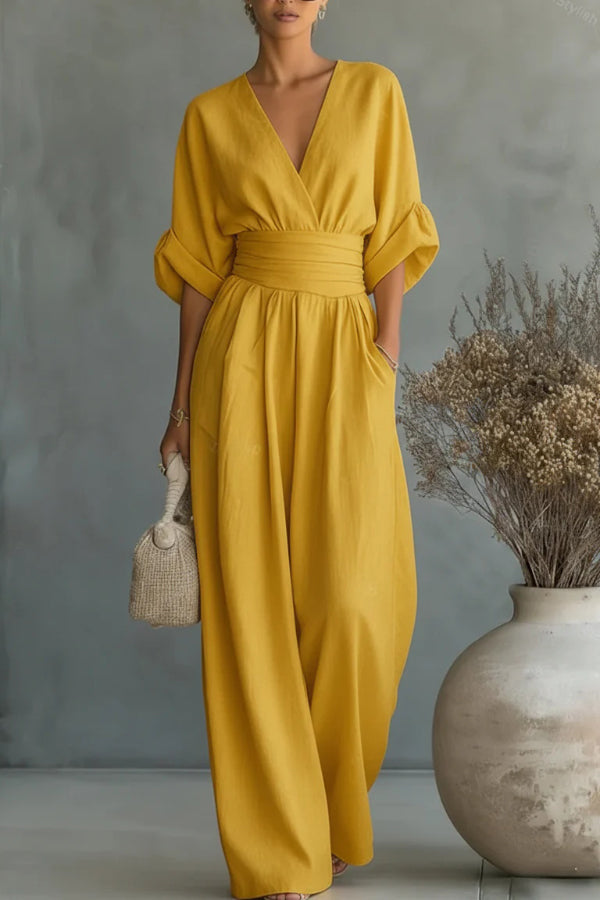Solid Color V-neck Fitted Waist Pocket Casual Wide-leg Jumpsuit