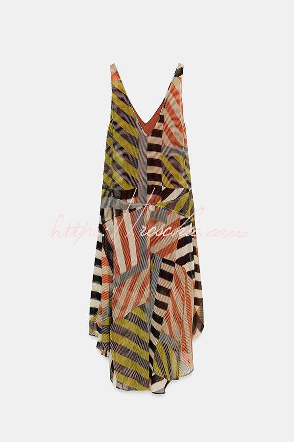 Khloe Patchwork Striped Color Block Print Wide Straps Asymmetric Hem Drape Midi Dress
