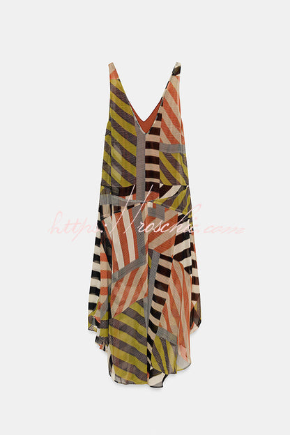 Khloe Patchwork Striped Color Block Print Wide Straps Asymmetric Hem Drape Midi Dress