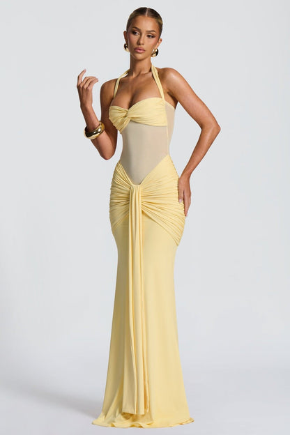 Vestido largo de fiesta de malla con tirantes finos