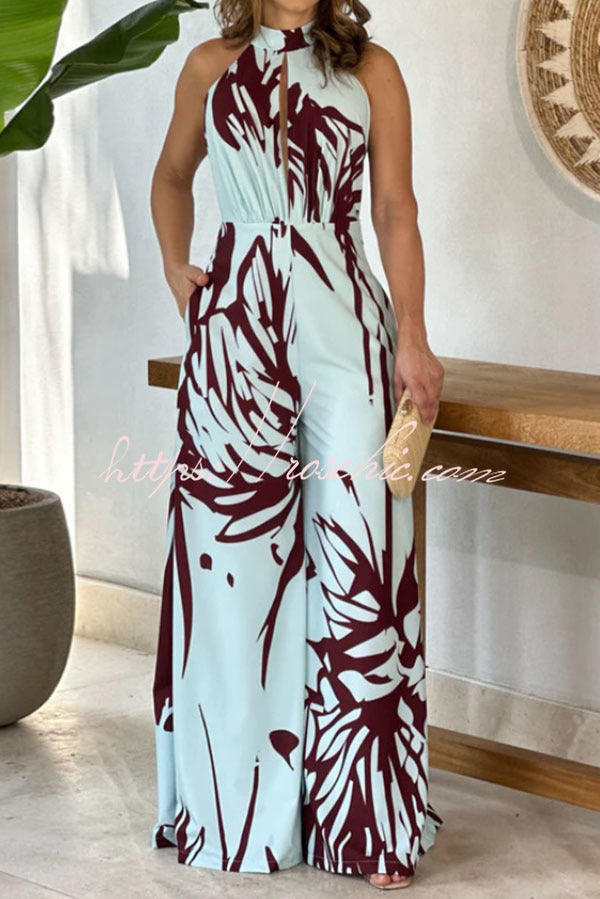 Printed Hollow Halter Sleeveless Waisted Wide Leg Jumpsuit