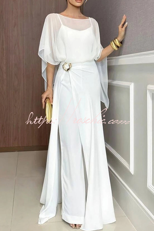 Vivian Chiffon Cape Top and  Metal Buckle Wrap Wide-Leg Pants Set