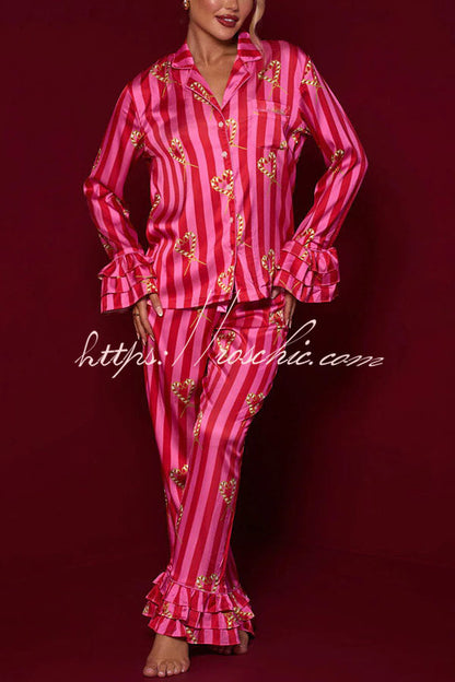 Festive Season Long Candy Stripe Tiered Bell Cuffs Elastic Waist Pocketed Pajama Set