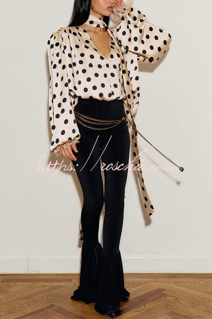 Chrissa Satin Polka Dot Print Lace Trim Tie-up Neck Balloon Sleeve Loose Blouse