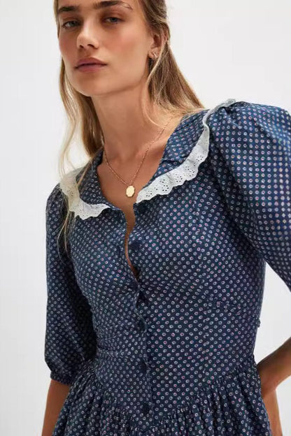 Minivestido vintage de lunares con cuello Peter Pan y mangas abullonadas