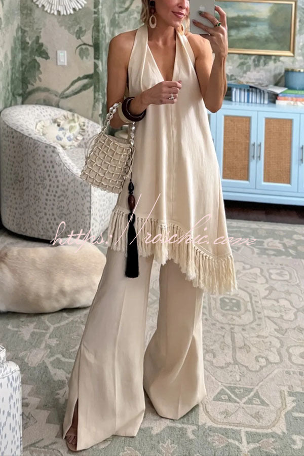 Kortnie Linen Blend Tassel Hem Halter A-line Top and High Rise Pocket Wide Leg Slit Pants Set
