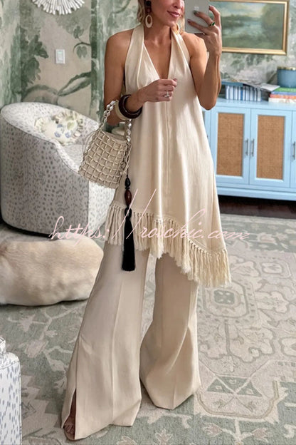 Kortnie Linen Blend Tassel Hem Halter A-line Top and High Rise Pocket Wide Leg Slit Pants Set