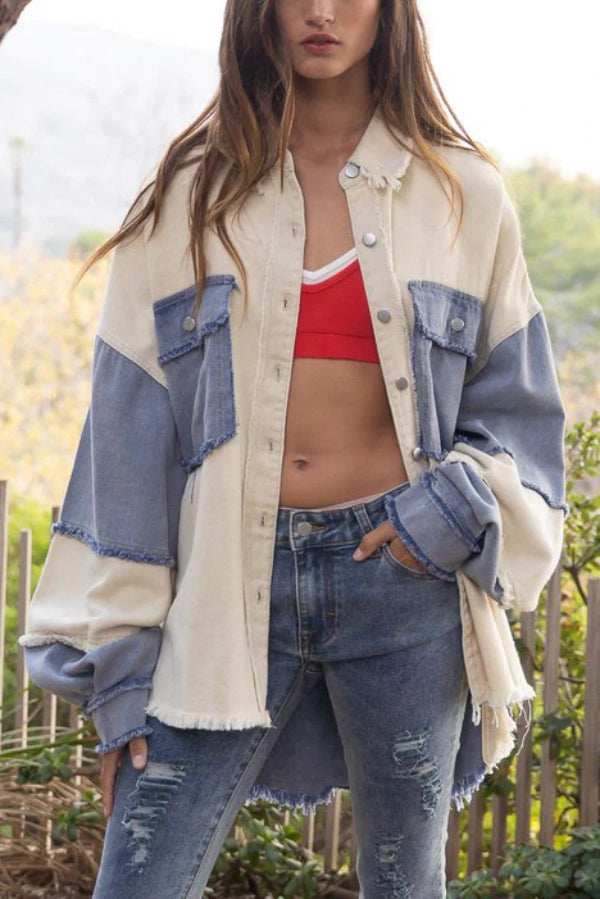Stylish Color-blocked Lapel Long-sleeved Frayed Denim Jacket