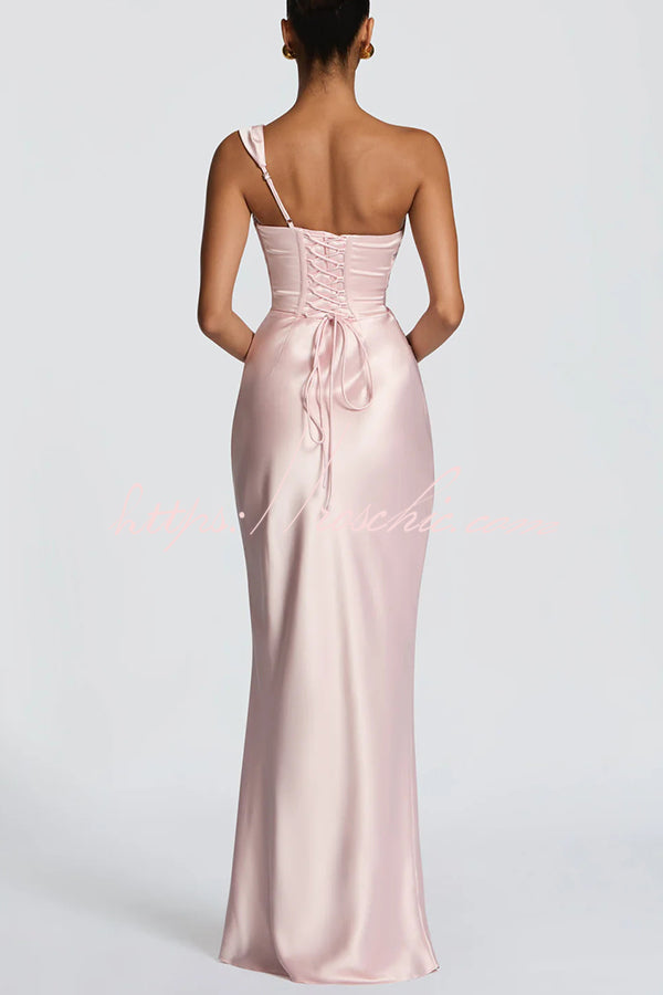Thalassa Satin One Shoulder Scooped Neck Bias Cut Pleated Maxi Dress