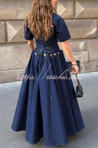Custom Look Denim Unique Metal Pattern Buttons Lace-up Waist Crisp Hem Maxi Skirt