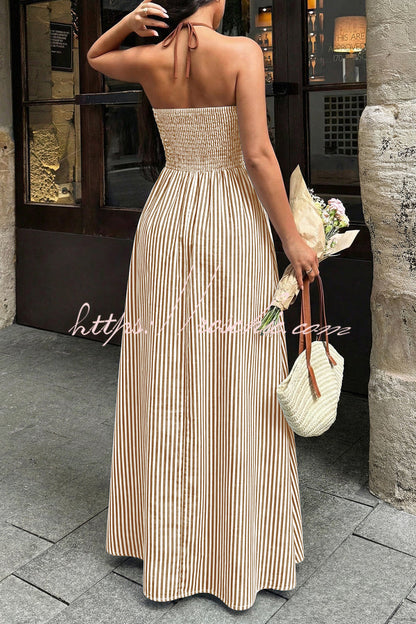 Striped Print V-Neck Sleeveless Backless Holiday Maxi Dress