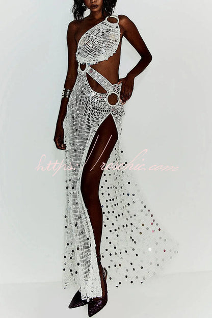 Sunshine Baby Knit Hollow Out Sequin One Shoulder Ring Detail Slit Cover-up Maxi Dress