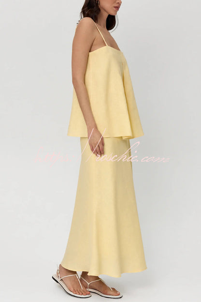 Linen Blend Loose Square Neck Camisole Top and Elegant Resort Maxi Skirt Set