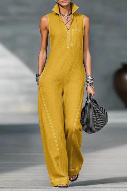 Solid Color Sleeveless Stand Collar Casual Pocket Loose Wide-leg Jumpsuit