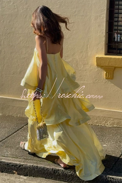 Soft and Smooth Satin Tiered Slip Square Neck A-line Maxi Dress