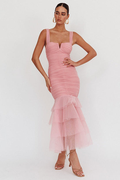 Mesh Insert  Spaghetti Strap Ruched Prom Dress