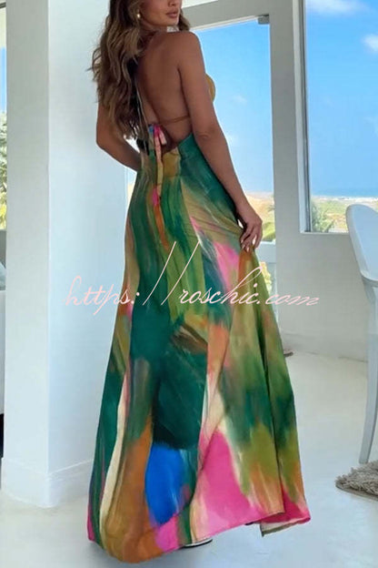 Andie Splash Ink Printed Cutout Back Tie-up Slit Vacation Maxi Dress