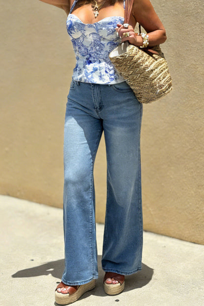 Stylish High-waisted Pocket Casual Wide-leg Jeans