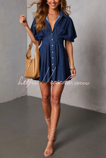 Stylish Collared Short-sleeved Fitted Waist Button-down Casual Mini Dress