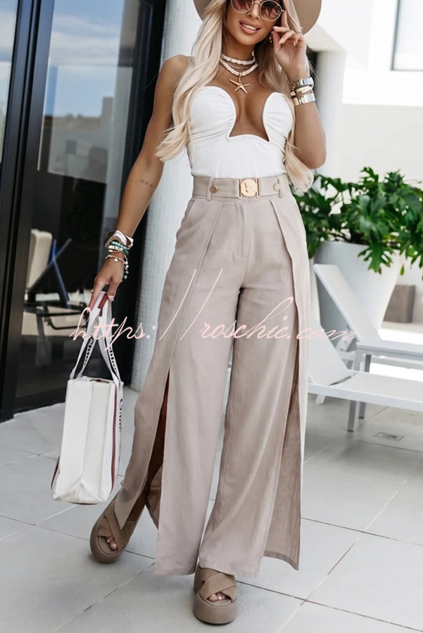 Mezcal High Rise Metal Buckle Elastic Waist Belt Slit Wide Leg Pants