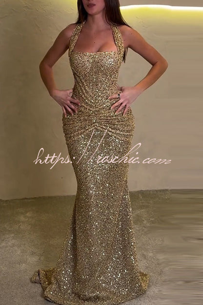 Velda Sequin Halter Square Neck Ruched Waist Back Lace-up Drape Flare Maxi Dress