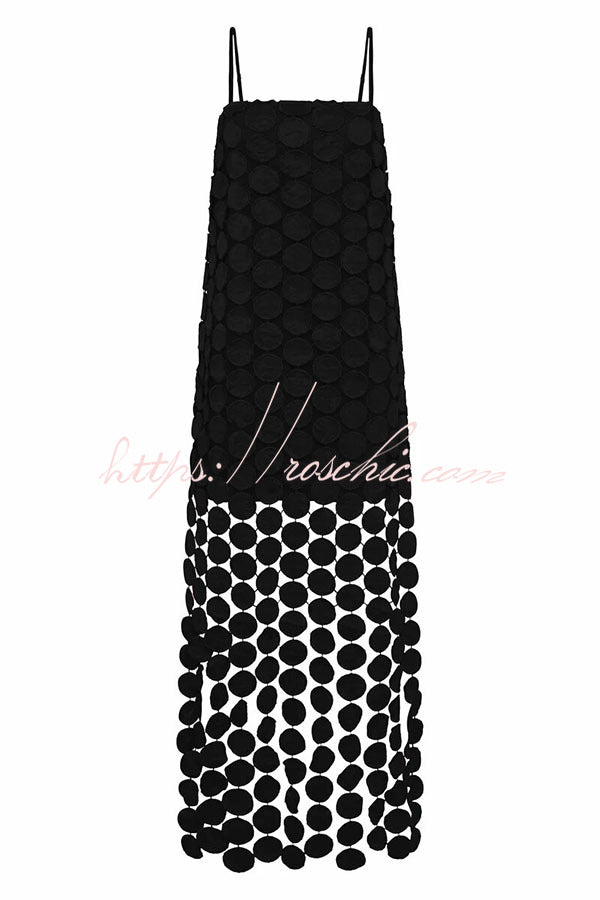 Juju Embroidered Cutout Polka Dots Square Neck Tassel Hem Slip Maxi Dress