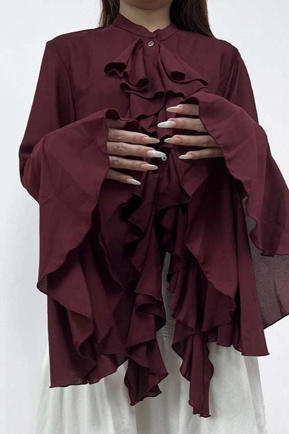 Elegant Ruffle Trim Button Blouse