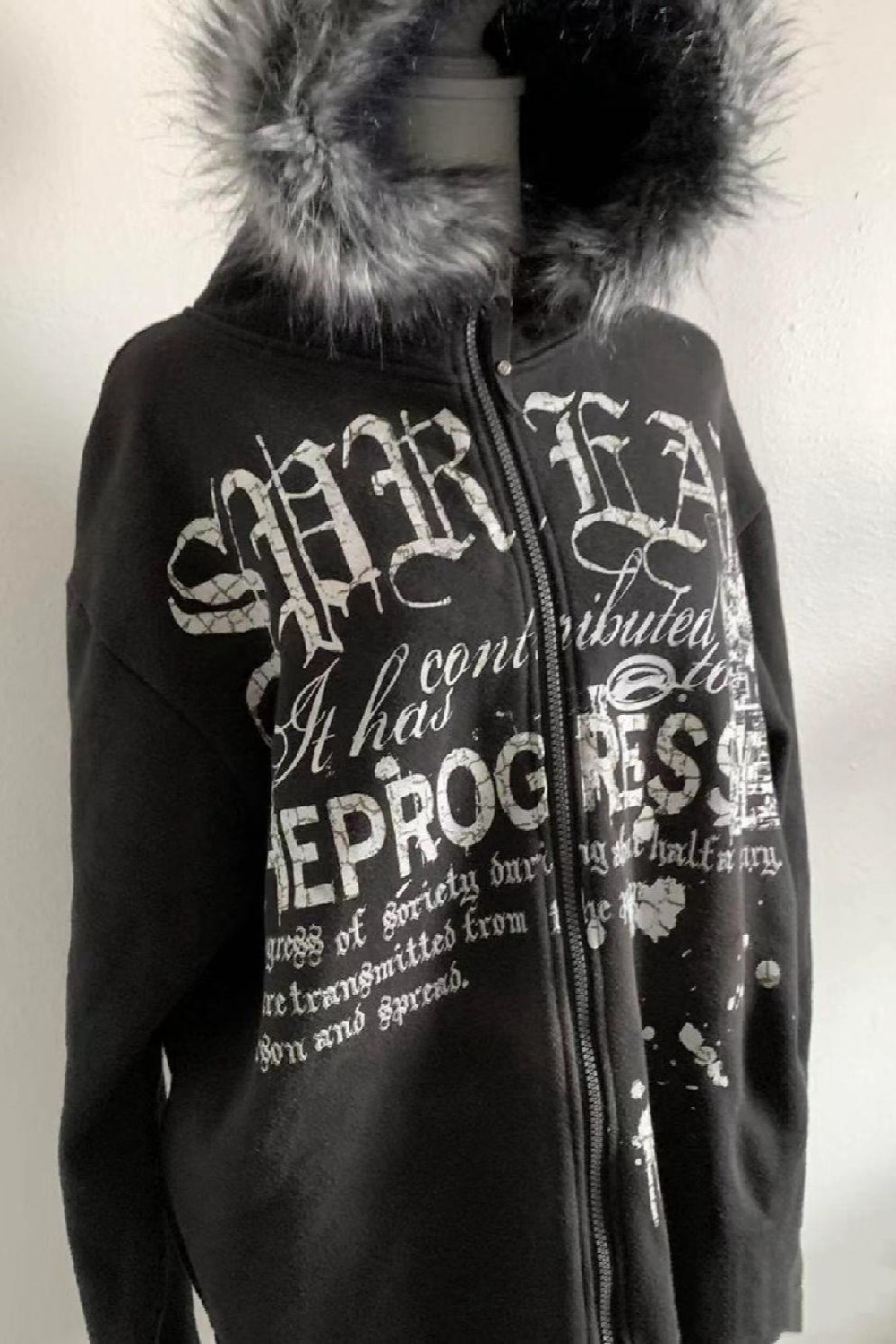 Vintage Black Goth Punk Fleece Lined Letter Zip Hoodie