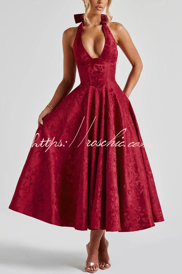 Stylish Jacquard Halter Neck Fitted Waist Open Back Elegant Midi Dress