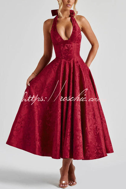 Stylish Jacquard Halter Neck Fitted Waist Open Back Elegant Midi Dress
