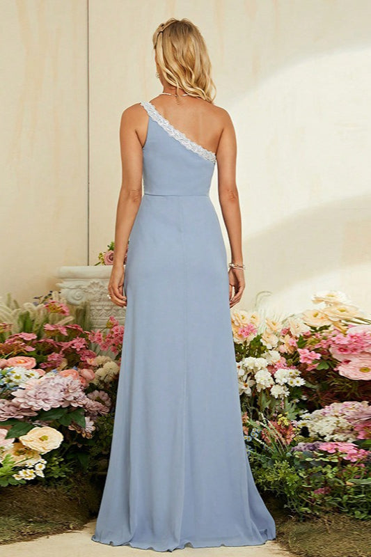 Vestido de Noche Formal Azul con Abertura, de un Solo Hombro y Corte Sirena