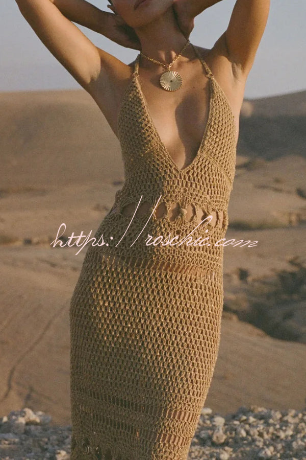 Fashionable Open-knit Backless Elegant Tassel Hem Vacation Cover-up Maxi Dress