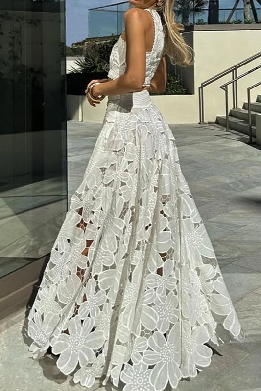 Vestido Boho Suelto de Dos Piezas de Playa con Encaje Calado