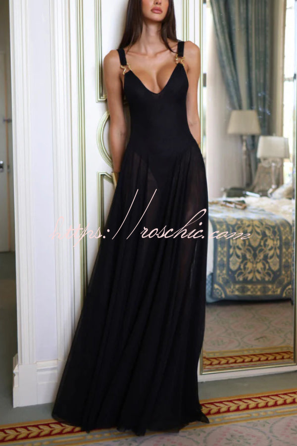 Solid Color V-neck Sleeveless Slim-fit Elegant Mesh Maxi Dress
