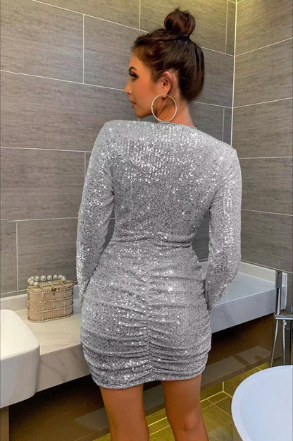Long Sleeve V-Neck Ruched Sequin  Sequin Dress