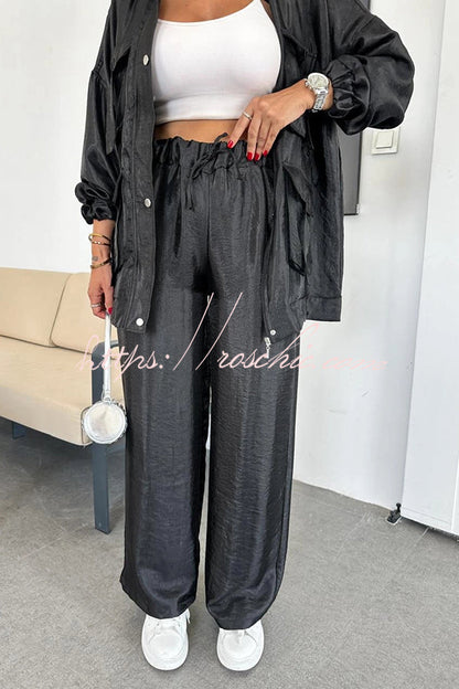 Easy on Me Metallic Fabric Elastic Waist Pocketed Wide Leg Pants (Shipped Within 24 Hours)