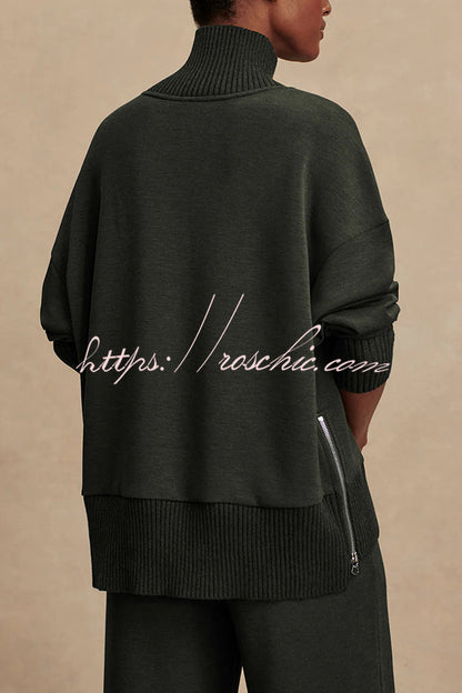 Barker High-Neck Long Sleeve Side Zipper Sweatshirt and Elastic Waist Pocketed Loose Pants Set (Shipped Within 24 Hours)