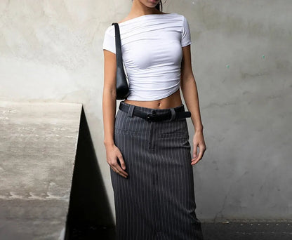 Slash Neck Folds Bodycon Crop Top