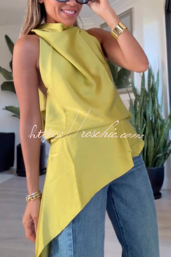 Misty Aura Satin Halter Tie-up Neck Open Back Drape Hem Top