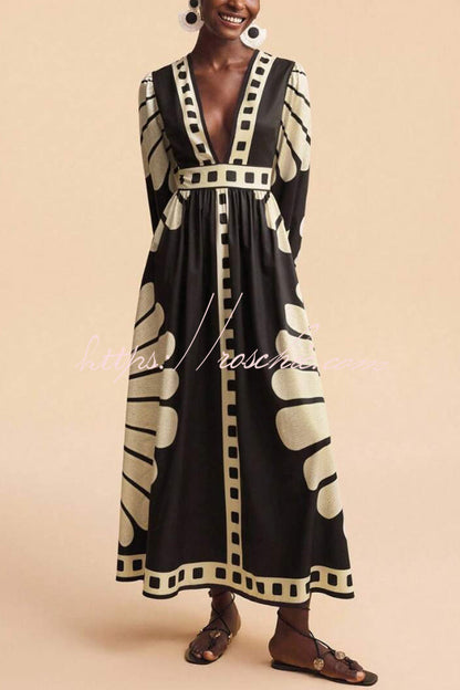 Unique Print V-Neck Long Sleeve Casual Vacation Maxi Dress