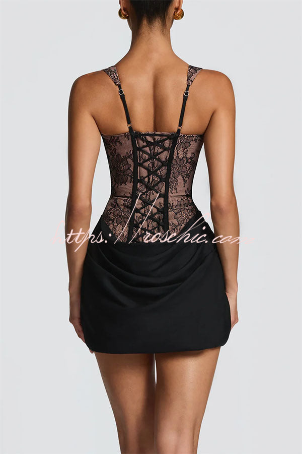 Cornelia Floral Lace Contrast Structural Detail Back Lace-up Satin Hem Mini Dress