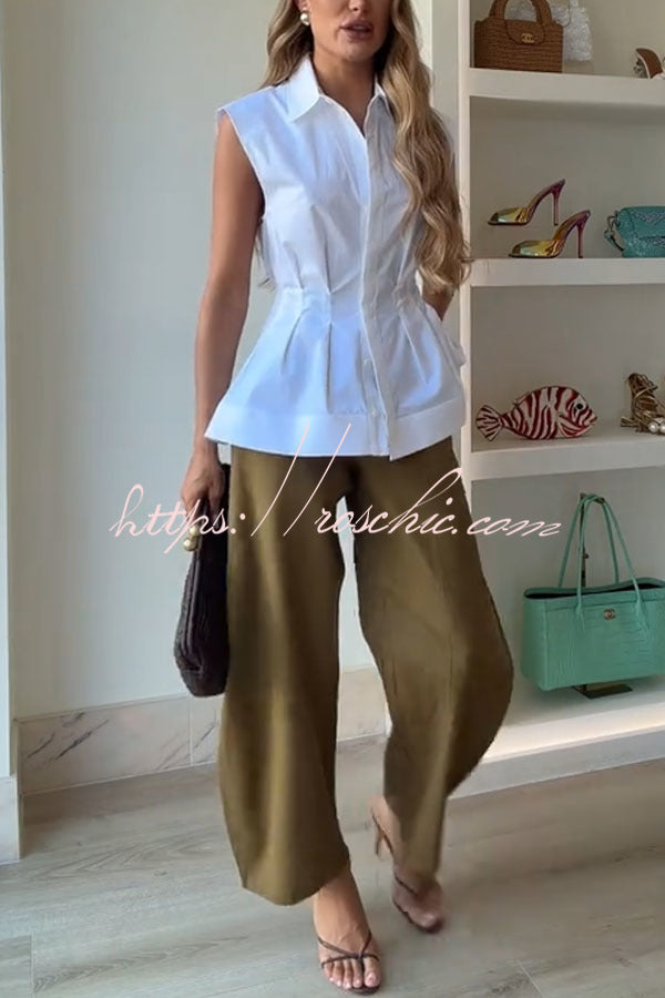 Devon Lapel Button Up Sleeveless Pleated Waist Flare Hem Shirt
