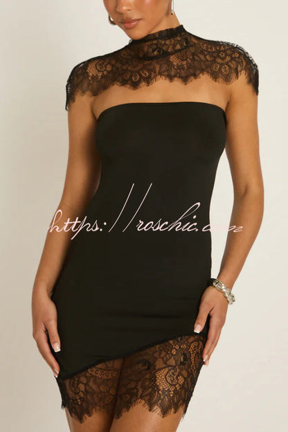 Fashionable Lace Shawl Strapless Slim-fit Lace Hem Mini Dress